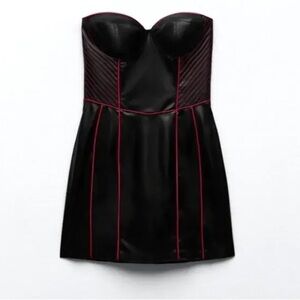 Zara Faux Leather Strapless Black And Red Mini Dress